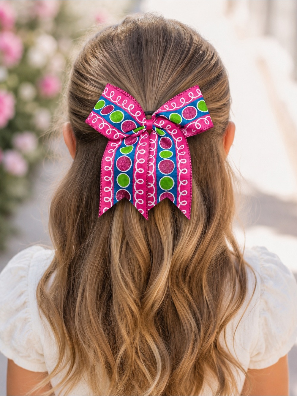 New Handmade Pink Blue Green Polka Dot Cheer Hair Bow Ponytail Hold